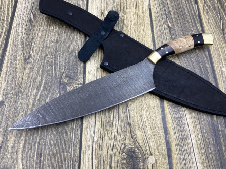Кухонный Нож №13 из стали дамаск цельнометаллический, накладки карельская береза и черный граб (распродажа) 