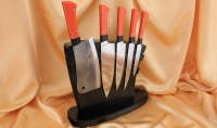 Подставка из венге с магнитными полосами, набором из 4 ножей и тяпки 95х18, G10 оранжевая - Подставка из венге с магнитными полосами, набором из 4 ножей и тяпки 95х18, G10 оранжевая