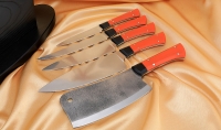 Подставка из венге с магнитными полосами, набором из 4 ножей и тяпки 95х18, G10 оранжевая - Подставка из венге с магнитными полосами, набором из 4 ножей и тяпки 95х18, G10 оранжевая