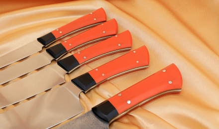 Подставка из венге с магнитными полосами, набором из 4 ножей и тяпки 95х18, G10 оранжевая