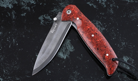 Складной нож Зубр, сталь булат, рукоять накладки акрил красный Складной нож Зубр, сталь булат, рукоять накладки акрил красный