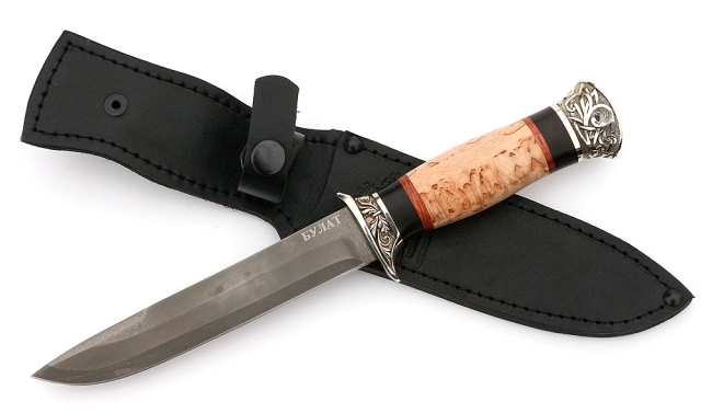 Нож Лидер-2 сталь булат, рукоять черный граб-карельская береза,мельхиор 