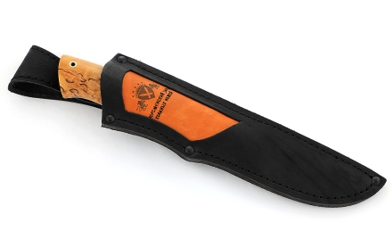 Нож Гриф сталь дамаск ламинированный, рукоять карельская береза стабилизированная янтарь Нож Гриф сталь дамаск ламинированный, рукоять карельская береза стабилизированная янтарь