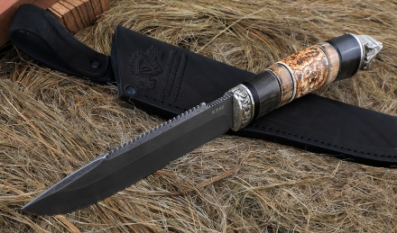 Нож Таёжный сталь К340, рукоять карельская береза рог лося, мельхиор