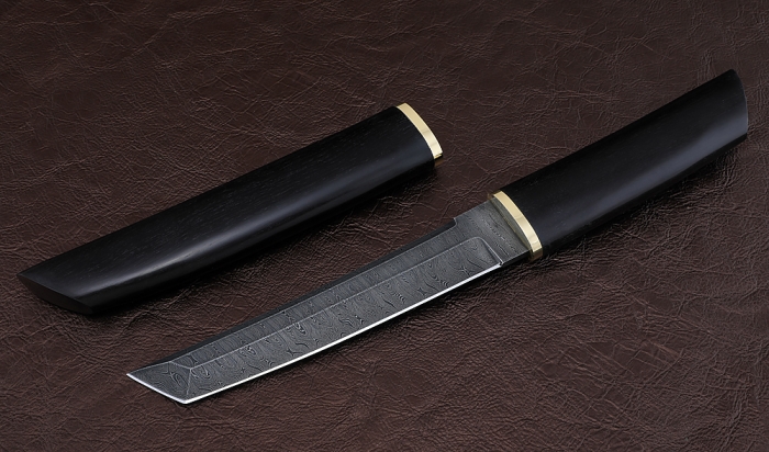 Нож Тантуха-3 сталь дамаск, рукоять и ножны черный граб латунь