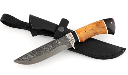 Нож Алтай сталь дамаск ламинированный, рукоять карельская береза стабилизированная янтарь+ черный граб, мельхиор
