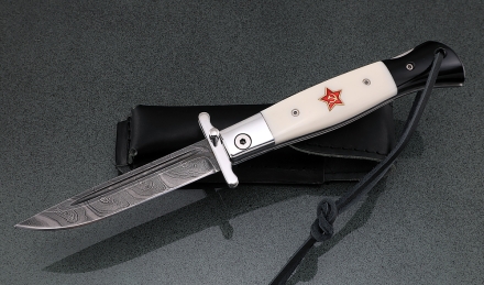 Нож Финка НКВД складная дамаск со штифтом акрил белый+черный с красной звездой