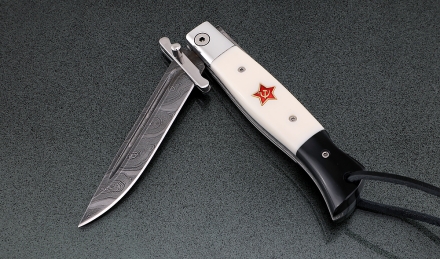 Нож Финка НКВД складная дамаск со штифтом акрил белый+черный с красной звездой Нож Финка НКВД складная дамаск со штифтом акрил белый+черный с красной звездой