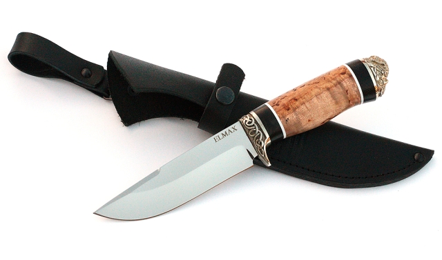 Нож Анчар сталь Elmax, рукоять черный граб-карельская береза,мельхиор 
