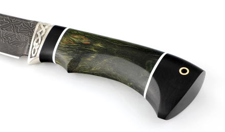 Нож Барракуда сталь дамаск торцевой, рукоять карельская береза стабилизированная зеленая черный граб, мельхиор Нож Барракуда сталь дамаск торцевой, рукоять карельская береза стабилизированная зеленая черный граб, мельхиор