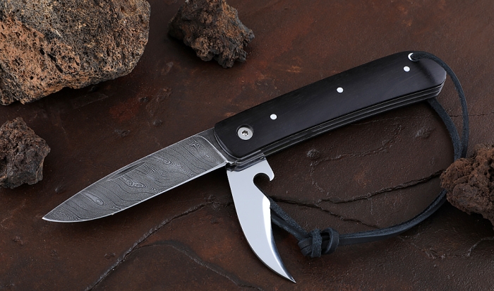 Нож Снайпер 2-х предметный, складной, сталь дамаск, рукоять накладки черный граб