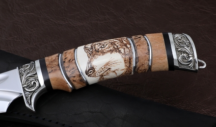 Нож Волк сталь ELMAX долы рукоять карельская береза рог лося, мельхиор Нож Волк сталь ELMAX долы рукоять карельская береза рог лося, мельхиор