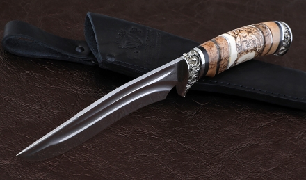 Нож Волк сталь ELMAX долы рукоять карельская береза рог лося, мельхиор Нож Волк сталь ELMAX долы рукоять карельская береза рог лося, мельхиор