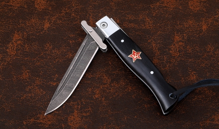 Нож Финка НКВД складная сталь дамаск накладки черный граб со звездой Нож Финка НКВД складная сталь дамаск накладки черный граб со звездой