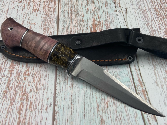 Нож Аист сталь Х12МФ, рукоять акрил коричневый и карельская береза фиолетовая (распродажа) 